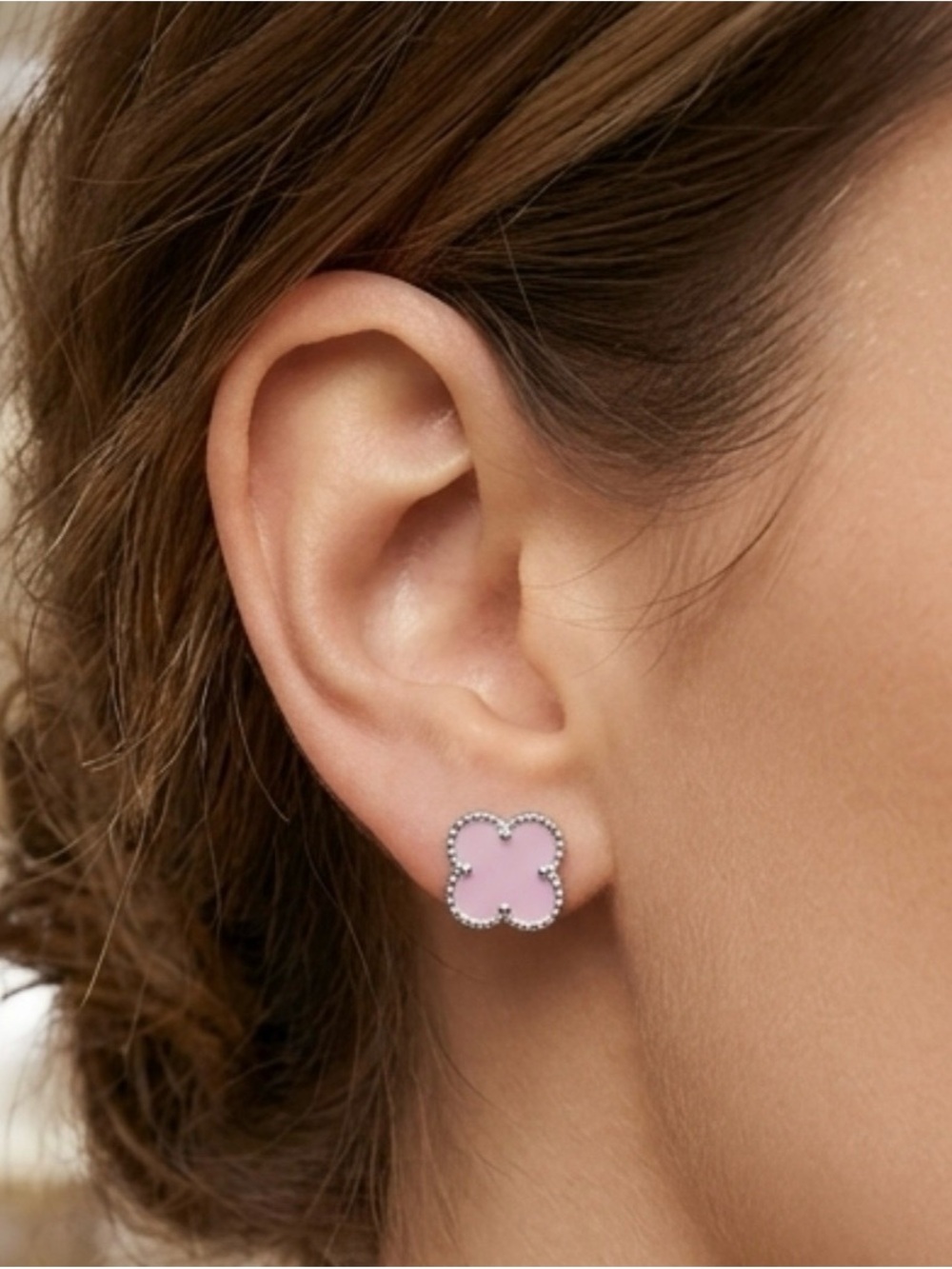 NWT Delicate Pink 6MM Rose Quartz & 925 Sterling Silver Clover Stud Earrings